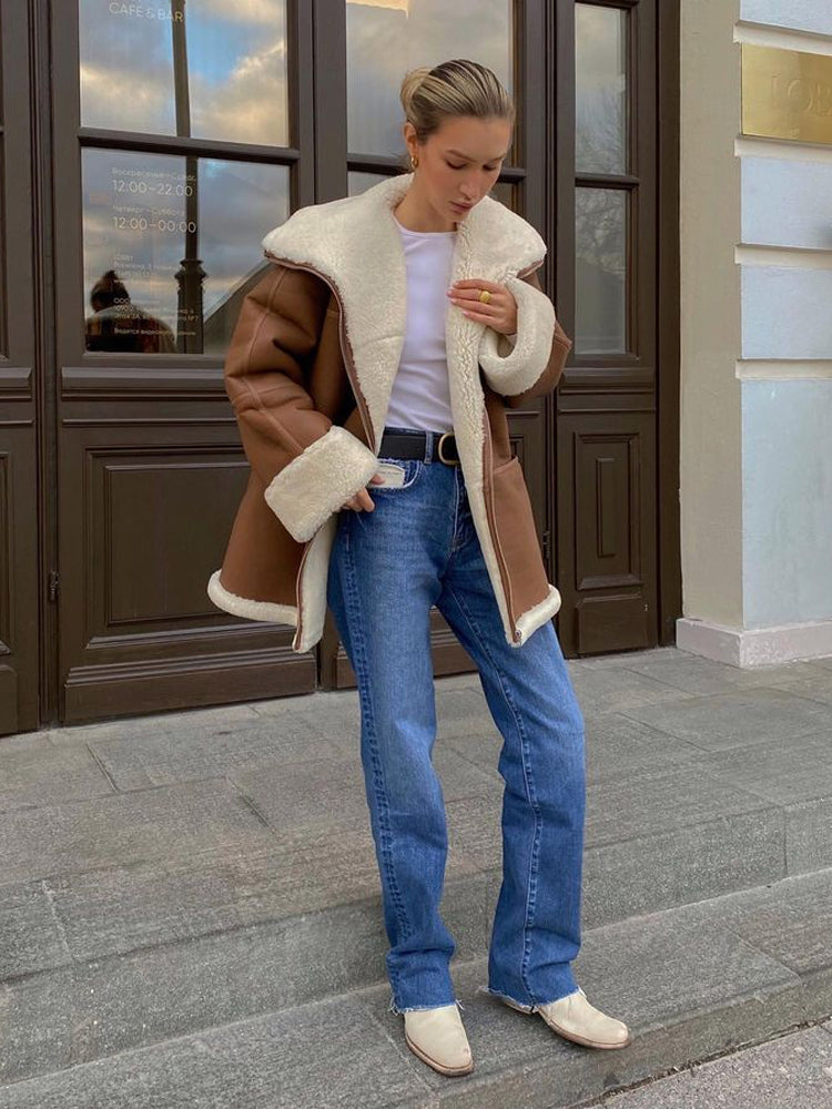 Faux Shearling Jacket – Thick Cuffs & Wide Collar Fit