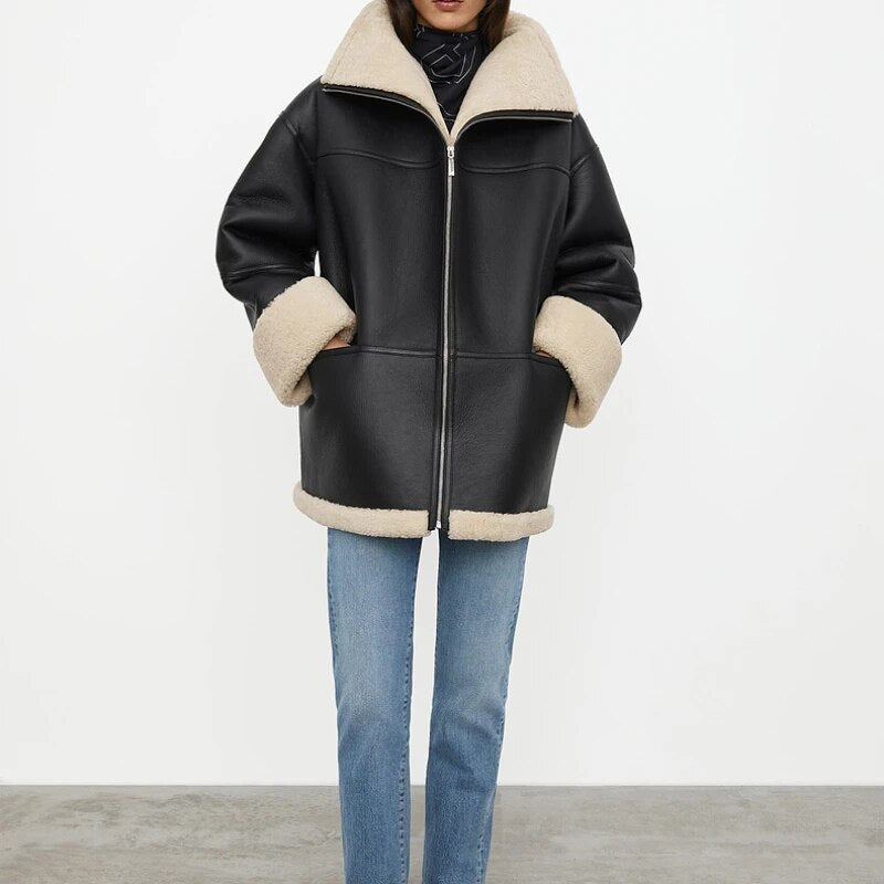 Faux Shearling Jacket – Thick Cuffs & Wide Collar Fit