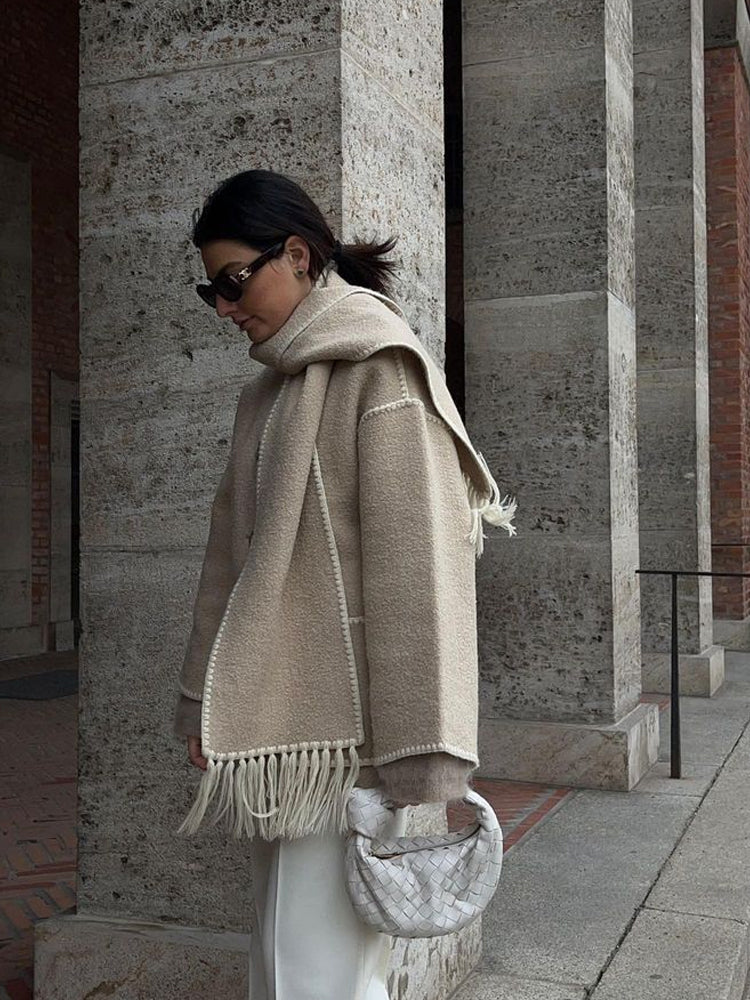 Wool-Blend Coat – Fringed Panel & Structured Seams