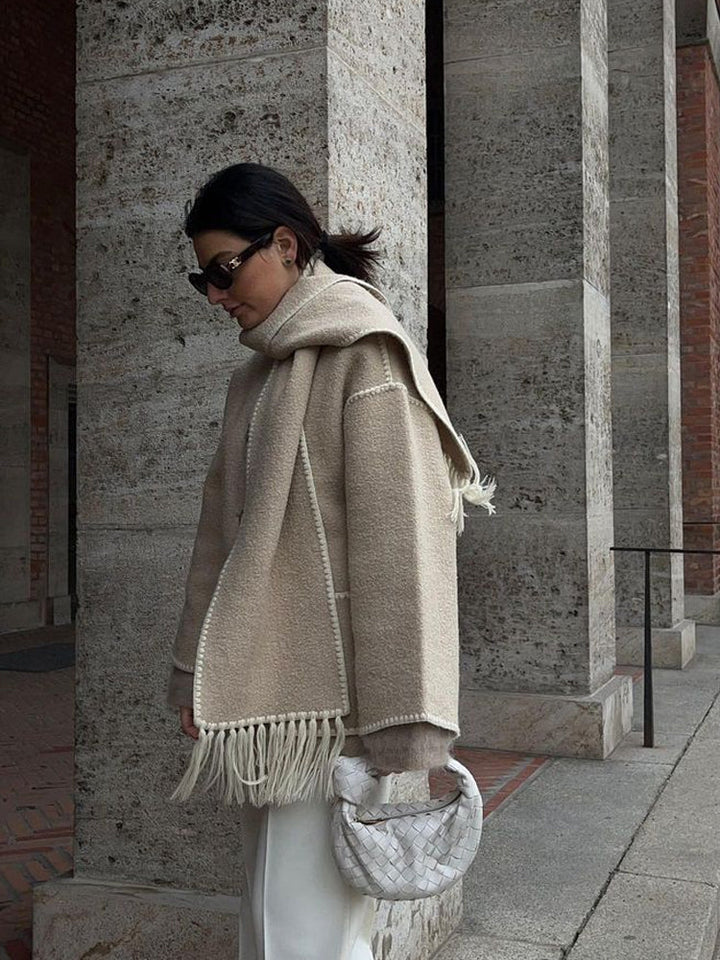 Wool-Blend Coat – Fringed Panel & Structured Seams