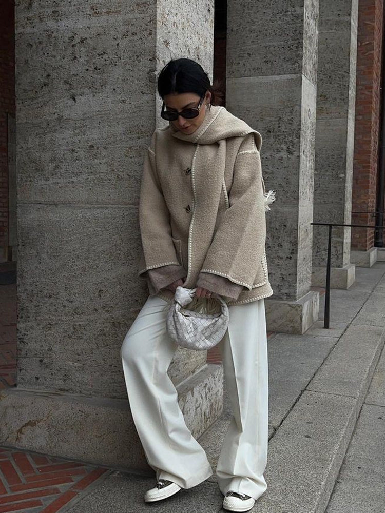 Wool-Blend Coat – Fringed Panel & Structured Seams