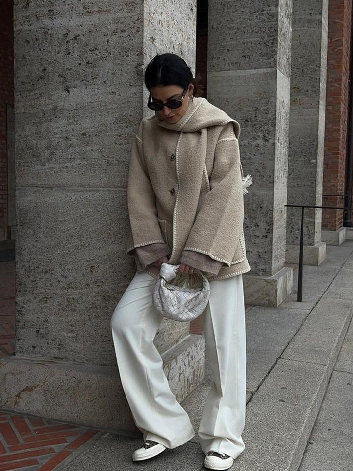 Wool-Blend Coat – Fringed Panel & Structured Seams