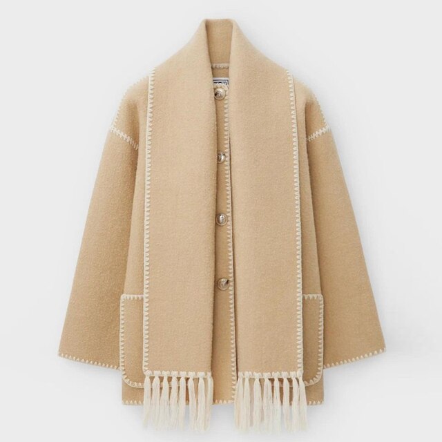 Wool-Blend Coat – Fringed Panel & Structured Seams