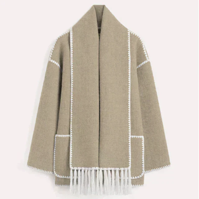 Wool-Blend Coat – Fringed Panel & Structured Seams