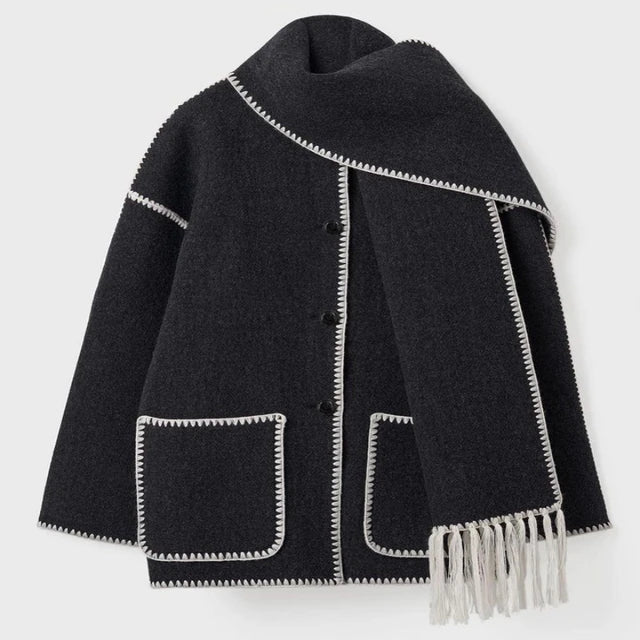Wool-Blend Coat – Fringed Panel & Structured Seams