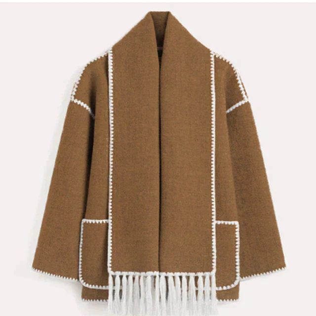 Wool-Blend Coat – Fringed Panel & Structured Seams