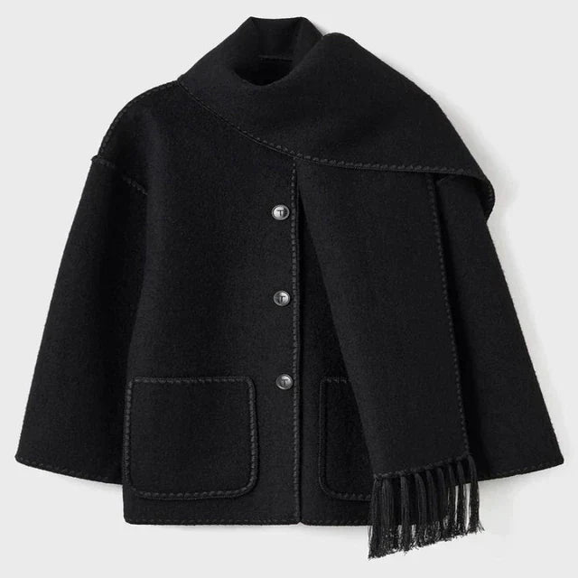 Wool-Blend Coat – Fringed Panel & Structured Seams
