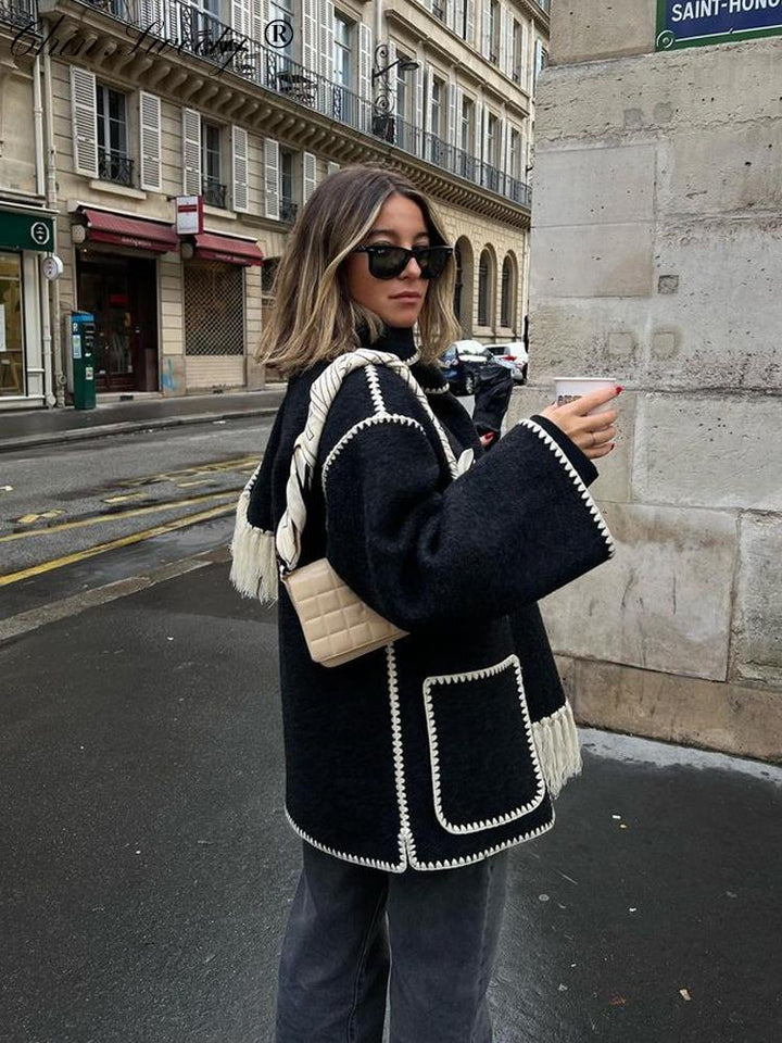 Wool-Blend Coat – Fringed Panel & Structured Seams