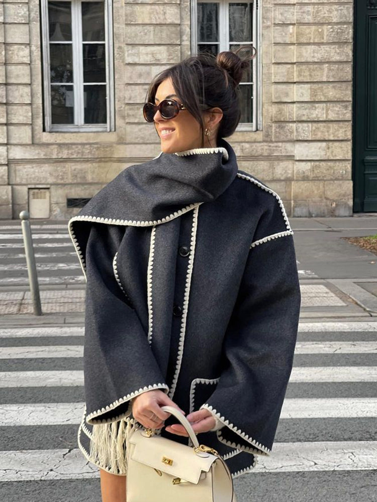 Wool-Blend Coat – Fringed Panel & Structured Seams