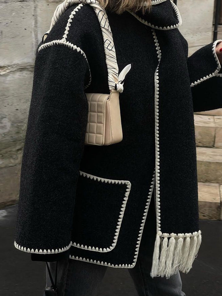 Wool-Blend Coat – Fringed Panel & Structured Seams