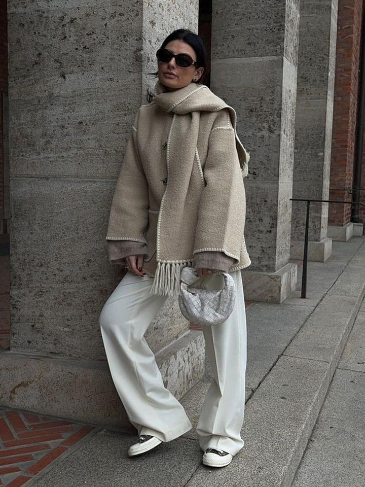 Wool-Blend Coat – Fringed Panel & Structured Seams