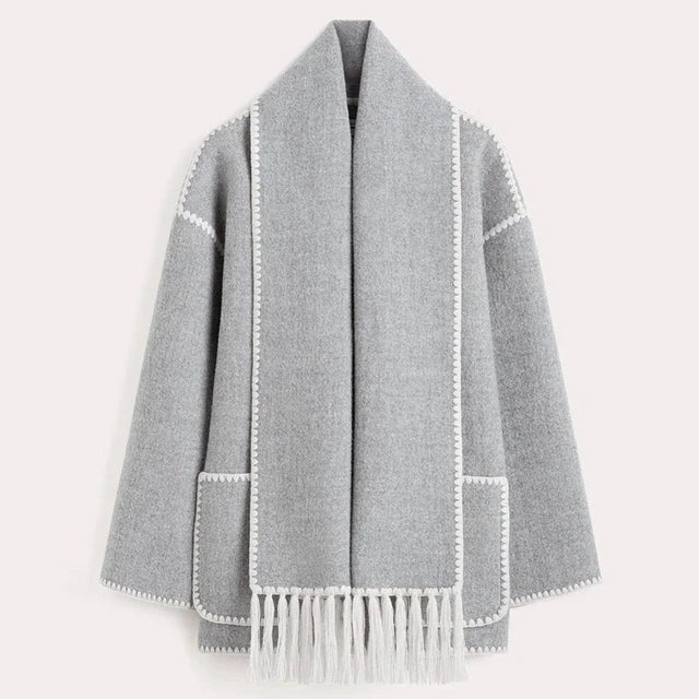 Wool-Blend Coat – Fringed Panel & Structured Seams