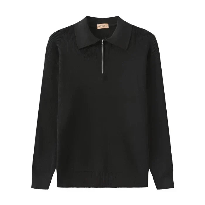 Zip Sweater – Ribbed Texture & Turn-Down Collar