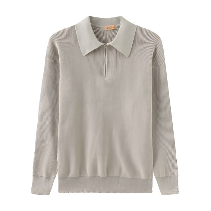 Zip Sweater – Ribbed Texture & Turn-Down Collar