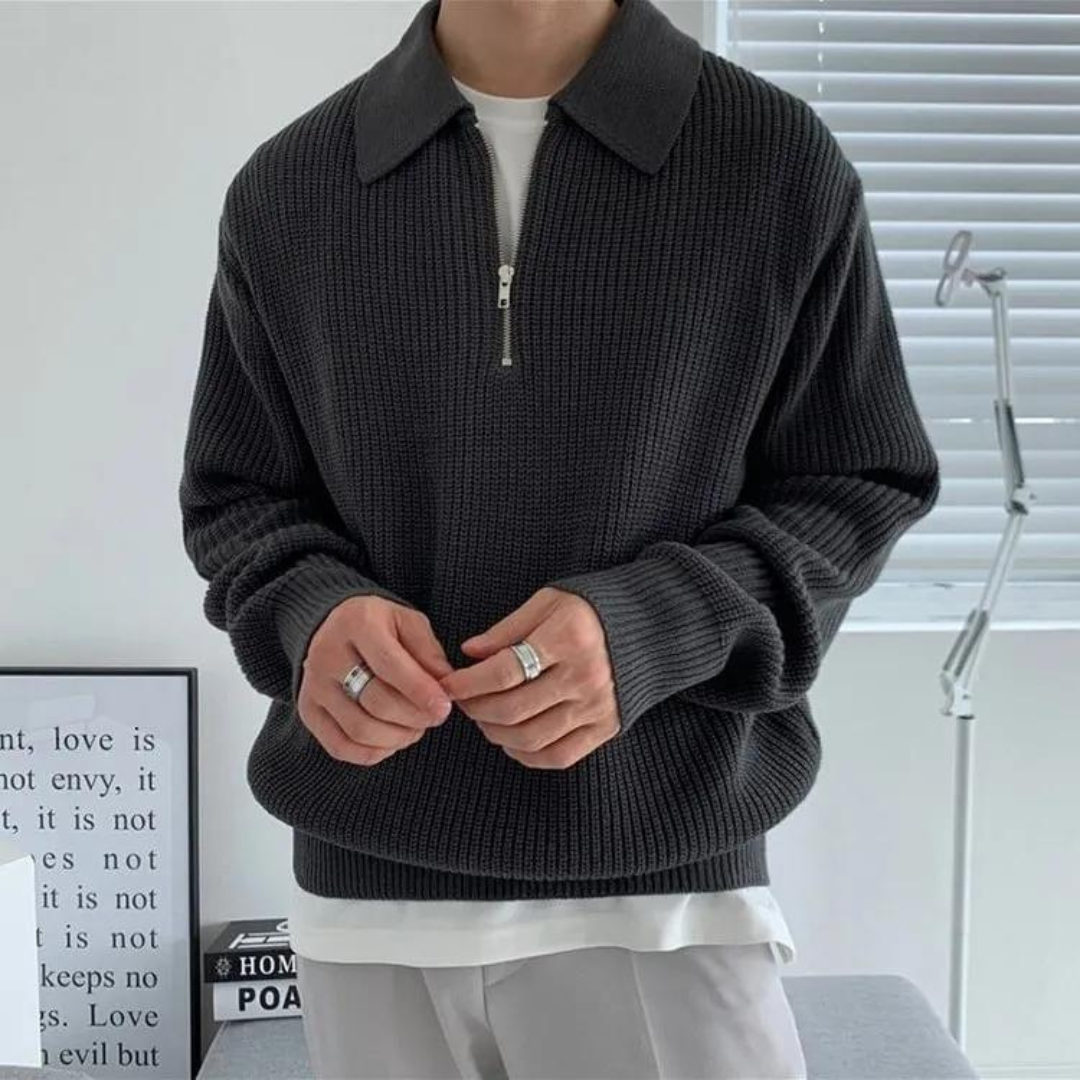 Zip Sweater – Ribbed Texture & Turn-Down Collar