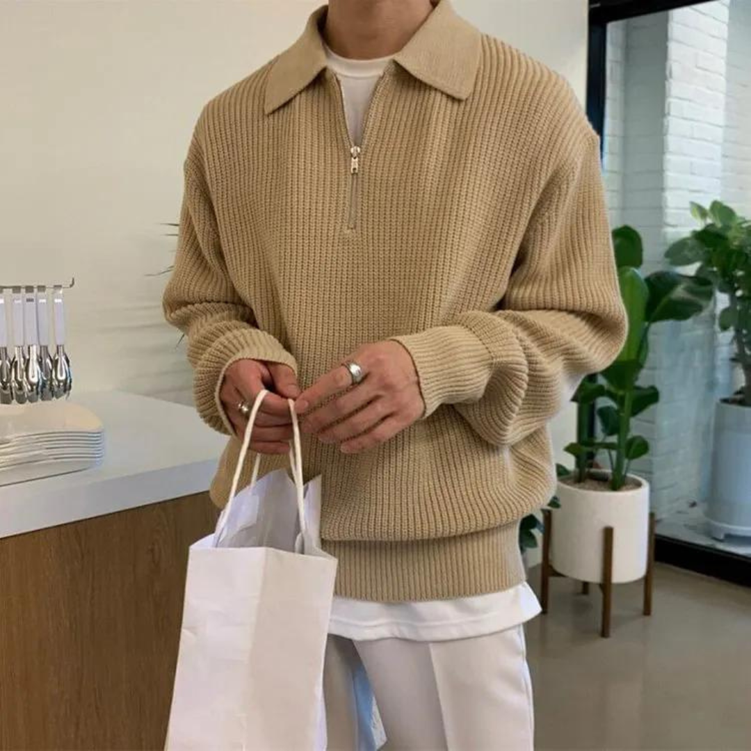 Zip Sweater – Ribbed Texture & Turn-Down Collar