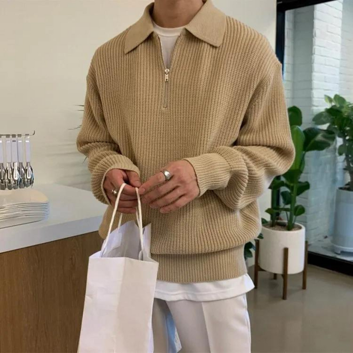 Zip Sweater – Ribbed Texture & Turn-Down Collar