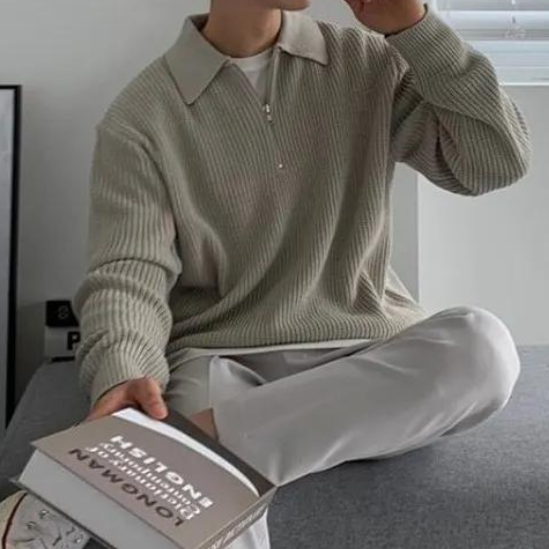Zip Sweater – Ribbed Texture & Turn-Down Collar